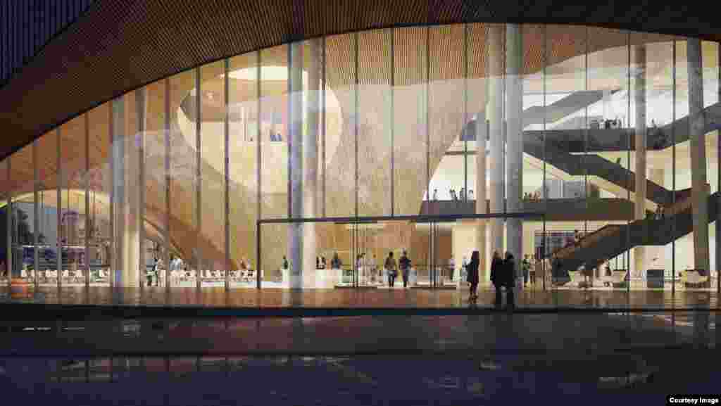 The new library at Temple University in Philadelphia, PA will feature a 3-story domed atrium lobby with white terrazzo floors, a cafeteria and a 24/7 zone. (Credit: Snøhetta/Stantec Architects)