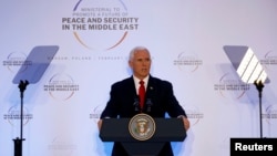 마이크 펜스 미국 부통령이 14일 폴란드 바르샤바에서 열린 '중동 평화·안보 회의'에서 연설했다.