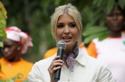 White House Advisor Ivanka Trump talks to women entrepreneurs, at the demonstration cocoa farm in Adzope, Ivory Coast, April 17, 2019.