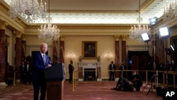 In this Feb. 4, 2021, file photo, President Joe Biden speaks about foreign policy, at the State Department in Washington. Biden's announcement that the U.S. 