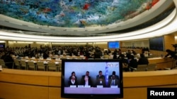 지난 3월 스위스 제네바에서 열린 유엔 인권이사회에서 유엔 북한인권 조사위원회가 북한의 인권 상황에 대한 보고서를 발표하고 있다. (자료사진)