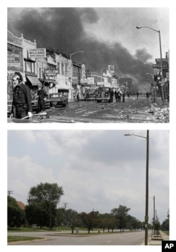 This combination of photos from July 1967 and 2017 shows police officers guarding businesses on 12th Street on Detroit's westside during riots, and the same view 50 years later, looking south on Rosa Parks Boulevard, renamed from 12th Street.
