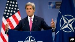 U.S. Secretary of State John Kerry speaks during a media conference at NATO headquarters in Brussels, Belgium, May 19, 2016. 