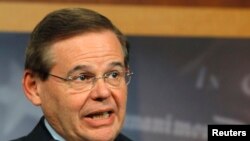 FILE - Senator Robert Menendez (D-NJ) speaks at a news conference.