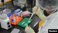 រូបឯកសារ៖ អ្នក​វិទ្យាសាស្ត្រ​ម្នាក់​ធ្វើ​ការ​នៅ​ក្នុង​មន្ទីរពិសោធន៍​មួយ​​ដើម្បី​ផលិត​វ៉ាក់សាំង​បង្ការ​ជំងឺ​កូវីដ១៩ នៅ​វិទ្យាស្ថាន Serum របស់ឥណ្ឌា ដែល​ជា​កន្លែង​ផលិត​វ៉ាក់សាំង​ធំ​បំផុត​នៅ​ក្នុង​ពិភពលោក ថ្ងៃទី១៨ ខែឧសភា ឆ្នាំ២០២០។ 