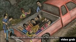 គំនូររបស់លោក​ ព្រំ វណ្ណៈ​ បង្ហាញពីបទពិសោធន៍របស់លោក នៅពេលដែលលោកត្រូវបានឈ្មួញជួញដូរតាមរថយន្តឈ្នួលមួយទៅធ្វើការនៅប្រទេសថៃដោយខុសច្បាប់។ (រូបដកស្រង់ពីវីដេអូ៖ NURFC)