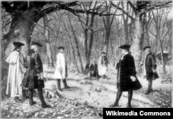 Aaron Burr and Alexander Hamilton face off in a duel of honor. By Illustrator not identified. From a painting by J. Mund. (Public domain)