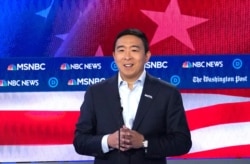 Democratic presidential candidate and entrepreneur Andrew Yang speaks during the U.S. Democratic presidential candidates debate at the Tyler Perry Studios in Atlanta, Nov. 20, 2019.