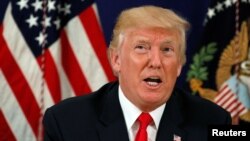 U.S. President Donald Trump speaks to reporters after a security briefing at his golf estate in Bedminster, New Jersey, Aug. 10, 2017. 