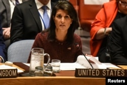 FILE - U.S. Ambassador to the United Nations Nikki Haley delivers remarks at a security council meeting at U.N. headquarters during the United Nations General Assembly in New York City, Sept. 21, 2017.
