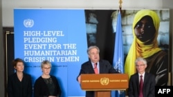 De G à D, la vice-présidente suisse, la ministre suédoise des Affaires étrangères, le SG de l’ONU A. Guterres et le coordinateur des secours d'urgence M. Lowcock à une réunion sur la crise humanitaire au Yémen le 26 février 2019 aux Nations Unies à Genève. Ph Fabrice COFF/AFP