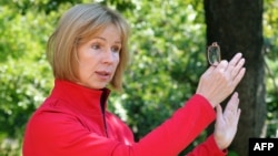 Ukrainian Irina Dovgan gives an interview to AFP in Kyiv, Sept. 5, 2014.