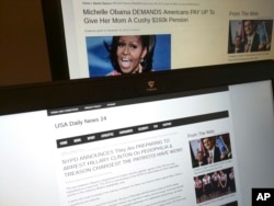 FILE - This photograph taken in Paris, Dec. 2, 2016, shows stories from USA Daily News 24, a fake news site registered in Veles, Macedonia.