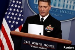 FILE - White House physician Ronny Jackson answers questions about U.S. President Donald Trump's health after the president's annual physical during the daily briefing at the White House in Washington, Jan. 16, 2018.