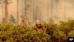 14일 미국 캘리포니아주 플루머스 국유림에서 소방관이 산불을 끄고 있다.