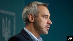 Ukraine's Prosecutor General Ruslan Ryaboshapka speaks to the media in Kyiv, Ukraine, Oct. 4, 2019.