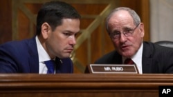 រូបឯកសារ៖ លោក James Risch (ស្តាំ) ប្រធាន​គណៈកម្មការ​ទំនាក់ទំនង​ការបរទេសរបស់​ព្រឹទ្ធសភា និងលោក Marco Rubio សមាជិកព្រឹទ្ធសភាមកពីរដ្ឋផ្លរីដា ពិភាក្សាគ្នានៅក្នុងសវនាការមួយរបស់ព្រឹទ្ធសភាអាមេរិក នៅរដ្ឋធានីវ៉ាស៊ីនតោន ថ្ងៃទី១០ ខែមេសា ឆ្នាំ២០១៩។