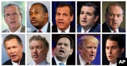 Republican presidential candidates, from top left, Jeb Bush, Ben Carson, Chris Christie, Ted Cruz, Mike Huckabee, and from bottom left, John Kasich, Rand Paul, Marco Rubio, Donald Trump and Scott Walker.