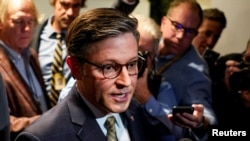 资料照片：美国众院议长约翰逊在国会山对媒体讲话。(2024年12月20日)