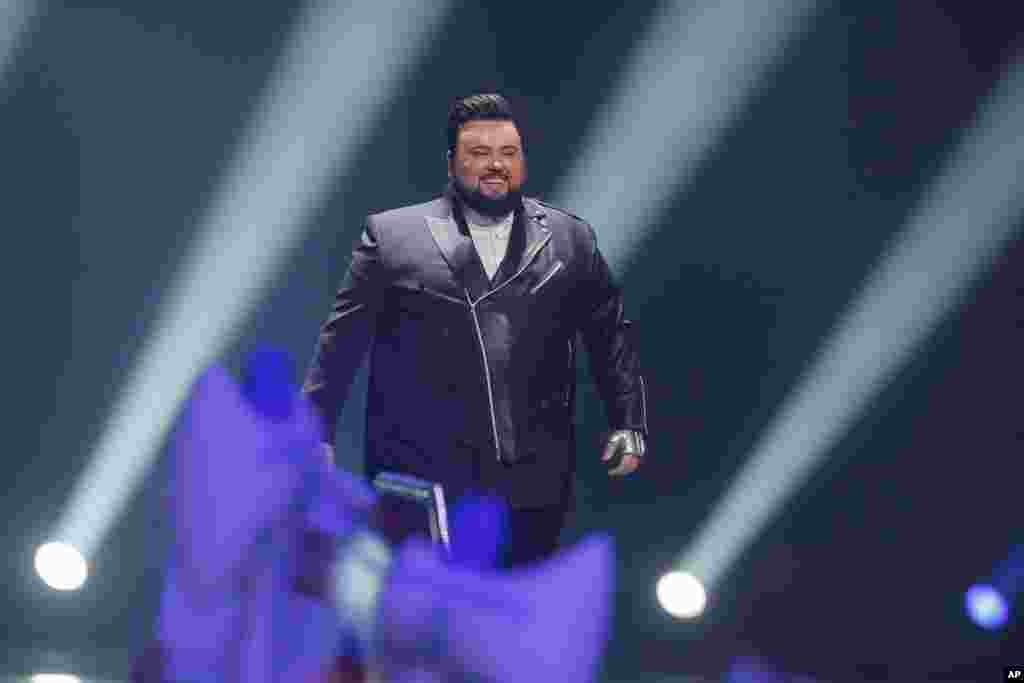 Jacques Houdek from Croatia is introduced during the Final for the Eurovision Song Contest, in Kyiv, Ukraine, May 13, 2017.