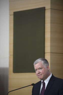 스티븐 비건 미국 국무부 대북특별대표가 지난해 12월 서울에서 가진 기자회견에서 북한의 실무협상 복귀를 촉구했다.