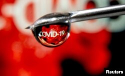 주사 바늘에 맺힌 방울에 '코비드-19' 글자가 비춰있는 모습. (자료 사진)