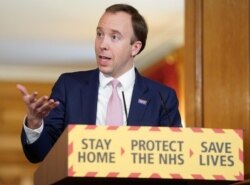 Britain's Health Secretary Matt Hancock speaks during a daily news conference on the coronavirus outbreak, at 10 Downing Street in London, April 27, 2020.