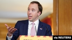 Britain's Health Secretary Matt Hancock speaks during a daily news conference on the coronavirus outbreak, at 10 Downing Street in London, April 27, 2020. 