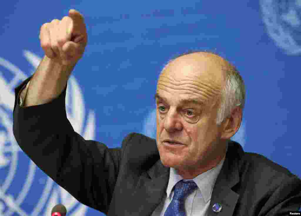 Dr. David Nabarro gestures during a news conference on Ebola at the United Nations in Geneva, Sept. 16, 2014.
