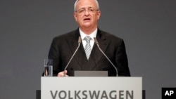 FILE - Martin Winterkorn, Volkswagen CEO at the time, addresses shareholders during an annual shareholder meeting of the car manufacturer, in Hannover, Germany, May 5, 2015.