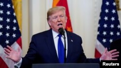 도널드 트럼프 미국 대통령이 15일 백악관에서 열린 미-중 1단계 무역합의 서명식에서 발언하고 있다.