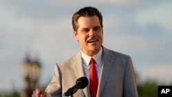 Congressman Matt Gaetz, R-Fla., speaks at a Women for American First event April 9, 2021, in Doral, Fla. 