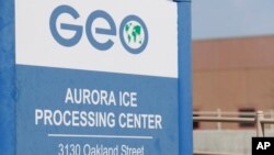 The entrance to the GEO Group's immigrant detention facility in Aurora, Colo., April 15, 2017. People once held in a privately run Colorado immigration detention center are challenging the system used to keep it clean and maintained, arguing it borders on slavery. They have won the right to sue GEO Group on behalf of an estimated 60,000 people held at its detention center near Denver over a decade.