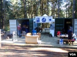 An emergency supply cache well above the tsunami inundation zone was near the finish line in Cannon Beach. VOA / T. Banse