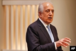 FILE - Special Representative for Afghanistan Reconciliation Zalmay Khalilzad speaks on the prospects for peace, Feb. 8, 2019, at the U.S. Institute of Peace, in Washington.