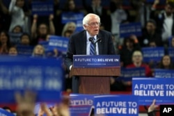 Democratic presidential candidate, Sen. Bernie Sanders, I-Vt., speaks at a campaign rally in Piscataway, New Jersey, May 8, 2016. Democratic presidential front-runner Hillary Clinton sought to avoid primary losses in Kentucky and Oregon on Tuesday, aiming to blunt the momentum of challenger Bernie Sanders ahead of a likely general election matchup against Republican Donald Trump.