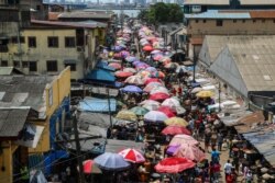A general view of a food market in Lagos after Nigeria's President Muhammadu Buhari called for a lockdown starting tonight to limit the spread of coronavirus disease (COVID-19), March 30, 2020.