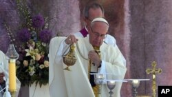 폴란드를 방문한 프란치스코 로마 가톨릭 교황이 31일 남부 크라코우 인근에서 미사를 집전하고 있다.