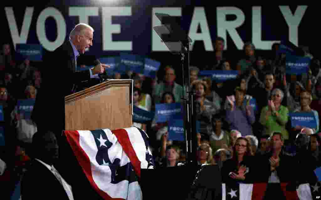 Vice President Joe Biden speaks at a campaign rally at the Municipal Auditorium in Sarasota, Florida, October 31, 2012.