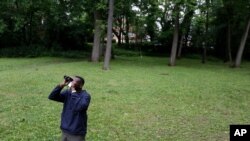 Keith Russell, program manager of urban conservation at Audubon Pennsylvania, looks through binoculars while conducting a breeding bird census, at Wissahickon Valley Park in Philadelphia, June 5, 2020.