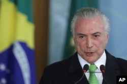 Brazil's President Michel Temer speaks during a ceremony marking World Environment Day at Planalto presidential palace in Brasilia, Brazil, June 5, 2017.