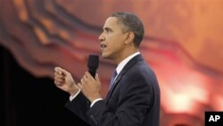 President Barack Obama participates in a youth town hall event broadcast live on BET, CMT and MTV networks, in Washington, 14 Oct 2010