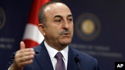 Turkish Foreign Minister Mevlut Cavusoglu speaks during a news conference in Ankara, April 23, 2019.