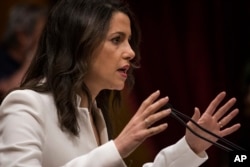 Ines Arrimadas, president of the Parliamentary Group of Ciudadanos party, delivers a speech during a parliamentary session in Barcelona, Spain, May 12, 2018.