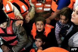 Syrian Kurdish refugees are rescued by Greek fishermen as the boat they were on sinks off the Greek island of Lesbos after crossing the Aegean Sea from Turkey, Oct. 30, 2015.