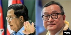 លោកនាយករដ្ឋ​មន្ត្រី ហ៊ុន សែន ឆ្វេង) និង​លោក សម រង្ស៊ី (ស្តាំ) អតីតប្រធាន​គណបក្ស​សង្គ្រោះជាតិ។ (Reuters/Leng Len/VOA Khmer)