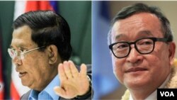 លោក​នាយករដ្ឋមន្ត្រី ហ៊ុន សែន (ឆ្វេង)​ និង​លោក សម​ រង្ស៊ី (ស្តាំ)។​ (Reuters/Leng Len/VOA Khmer)