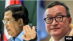 រូបឯកសារ៖ លោកនាយករដ្ឋ​មន្ត្រី ហ៊ុន សែន (ឆ្វេង) និង​លោក សម រង្ស៊ី (ស្តាំ) ប្រធាន​គណបក្ស​សង្គ្រោះជាតិ។ (Reuters and និង VOA)