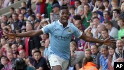 Photo d'archives: Kelechi Iheanacho de Manchester City célèbre le but qu'il a marqué lors du match comptant pour la Premier League britannique entre Crystal Palace et Manchester City à Selhurst Park, Londres, samedi 12 septembre 2015.