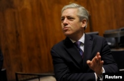 FILE - Britain's John Bercow, Speaker of the House of Commons, speaks during a meeting in the Finnish parliament in Helsinki, Oct. 8, 2012.